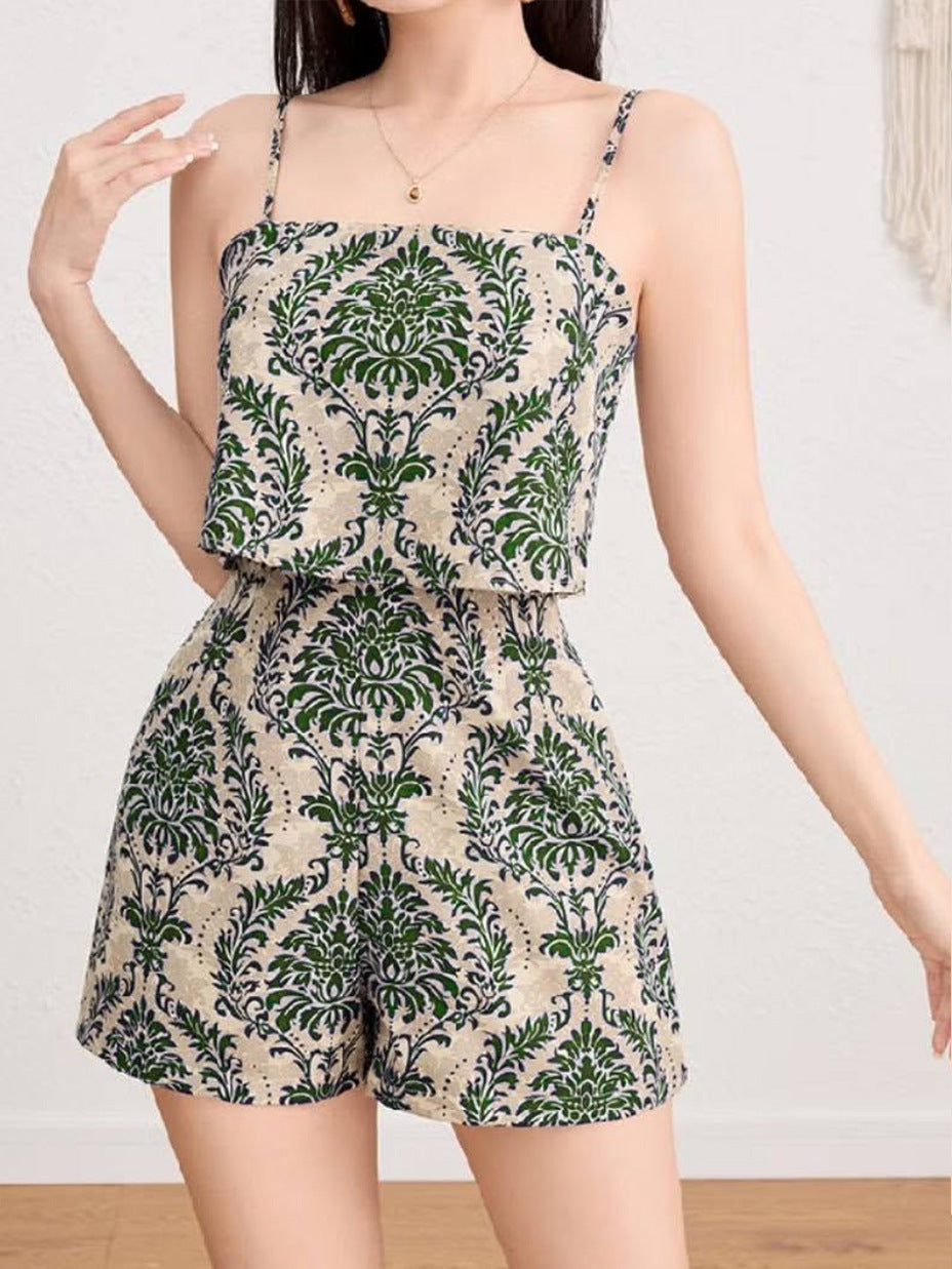Retro Ethnic-style Printed Faux Two-piece Strap Jumpsuit