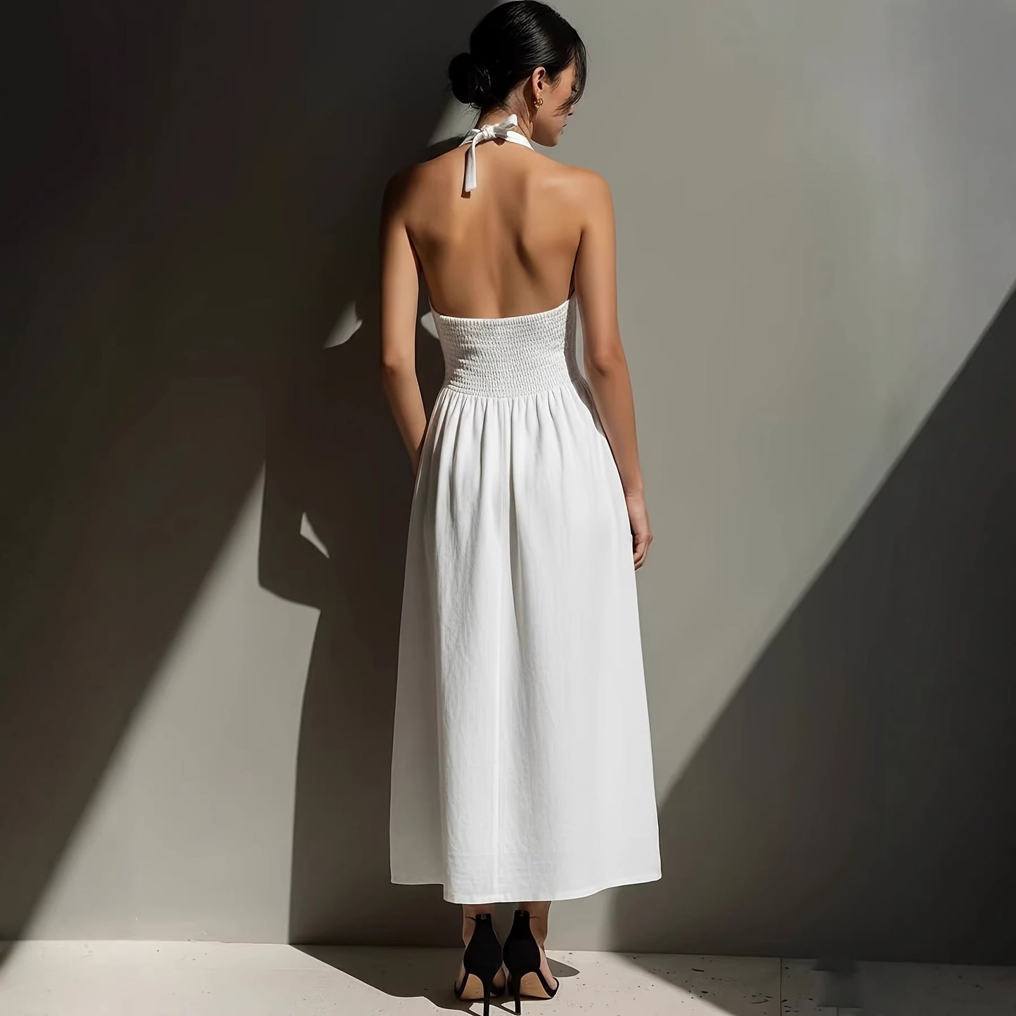 Women's Solid Color Halter Neck Off-Shoulder Dress