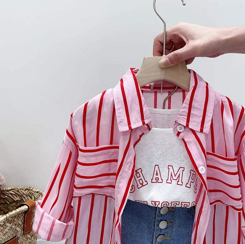 Children's Clothing Sets Striped Long-sleeved Shirt + Monogram Printed Vest+Denim Shorts 3pcs Clothes for Kids Girl 3 To 7 Years