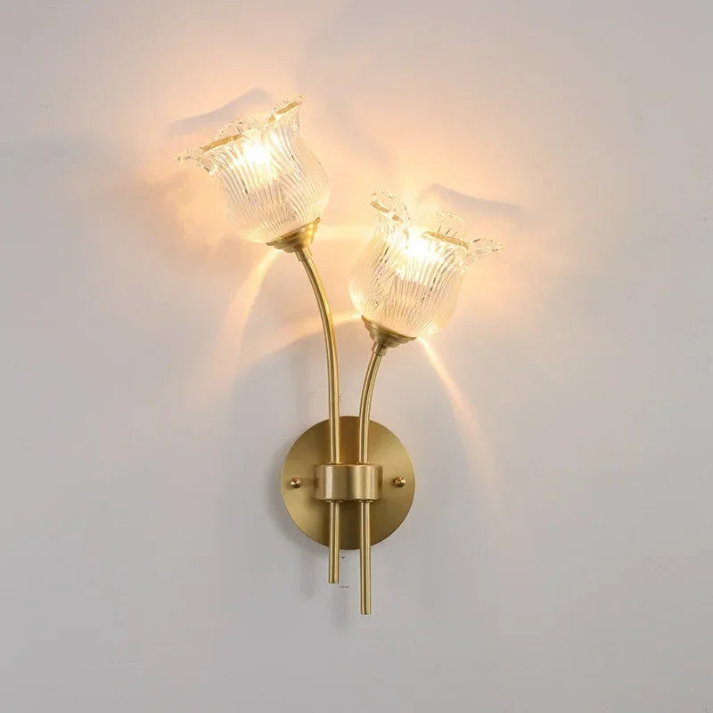 Bedroom headboard  lamp all copper American retro designer flower cream wind wall light room decor