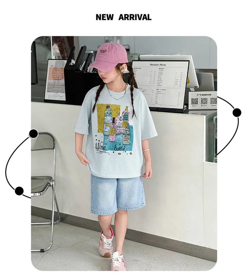 Kids Luxury Clothes Set for Girls from 5 to 14 Years Summer Suit Children Print T-shirt Shorts Two Pieces Outfit Clothing Set
