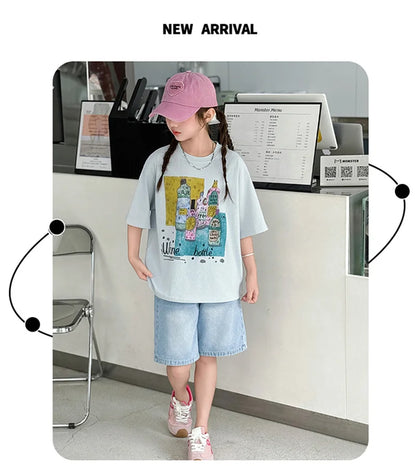 Kids Luxury Clothes Set for Girls from 5 to 14 Years Summer Suit Children Print T-shirt Shorts Two Pieces Outfit Clothing Set