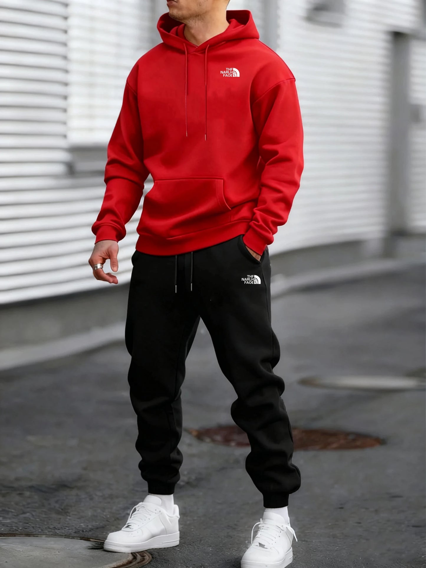 Men's Autumn and Winter Pattern Casual Two-Piece Set Hooded Sweatshirt and Pants withPockets Regular Fit Qutdoor Sport Suit
