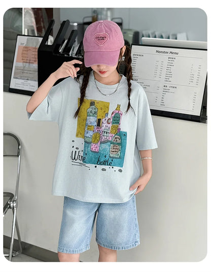 Kids Luxury Clothes Set for Girls from 5 to 14 Years Summer Suit Children Print T-shirt Shorts Two Pieces Outfit Clothing Set