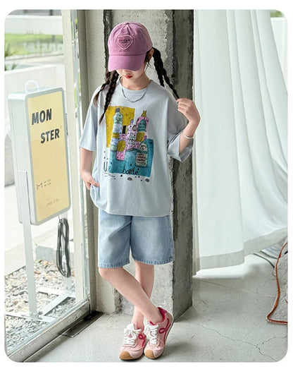 Kids Luxury Clothes Set for Girls from 5 to 14 Years Summer Suit Children Print T-shirt Shorts Two Pieces Outfit Clothing Set