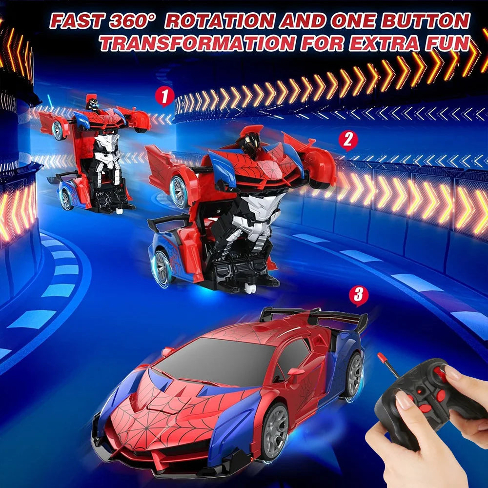 RC Transformer Car Robot Toy 1:18 Scale LED Light 2.4GHz One-Button Transformation 360° Rotating Drift Rechargeable Kids Gift