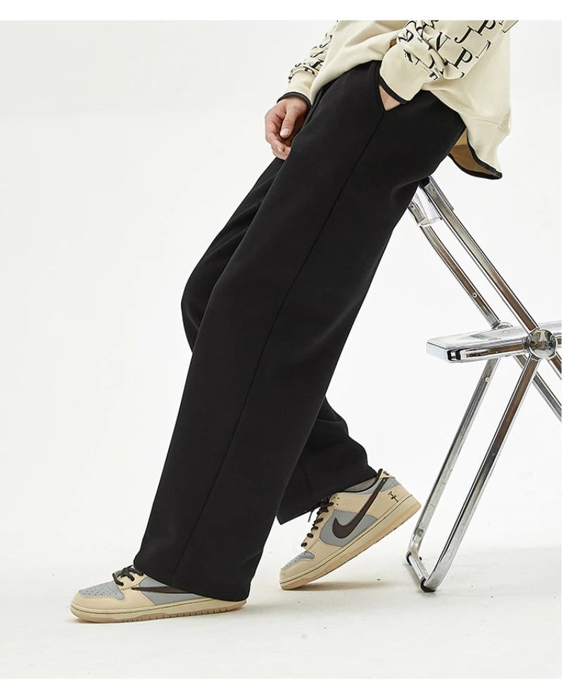 Men's Sweatpants  Spring and Autumn Wide-Leg Loose Fit Plus Size Gray Fleece Lined, Flowy Pure Cotton Straight Leg Casual Pants