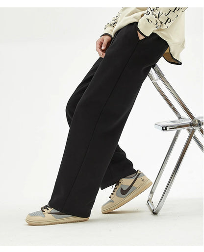 Men's Sweatpants  Spring and Autumn Wide-Leg Loose Fit Plus Size Gray Fleece Lined, Flowy Pure Cotton Straight Leg Casual Pants
