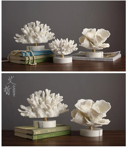Creativity Resin Artificial Coral Handicraft Furnishings White Marble Base Home Decoration Simulation Animal