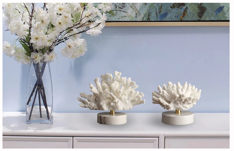 Creativity Resin Artificial Coral Handicraft Furnishings White Marble Base Home Decoration Simulation Animal