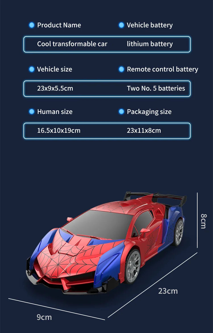 RC Transformer Car Robot Toy 1:18 Scale LED Light 2.4GHz One-Button Transformation 360° Rotating Drift Rechargeable Kids Gift