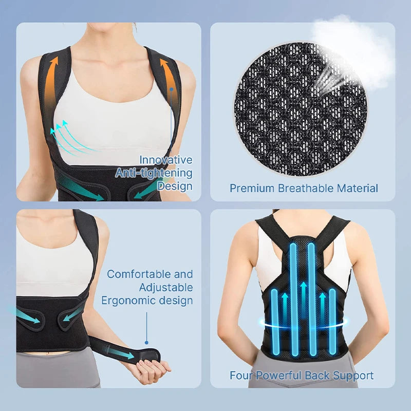 Back brace for men and women, adjustable back and waist support belt, shoulder posture support, improves scoliosis