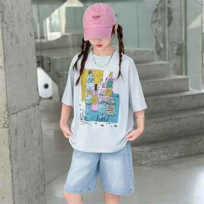Kids Luxury Clothes Set for Girls from 5 to 14 Years Summer Suit Children Print T-shirt Shorts Two Pieces Outfit Clothing Set