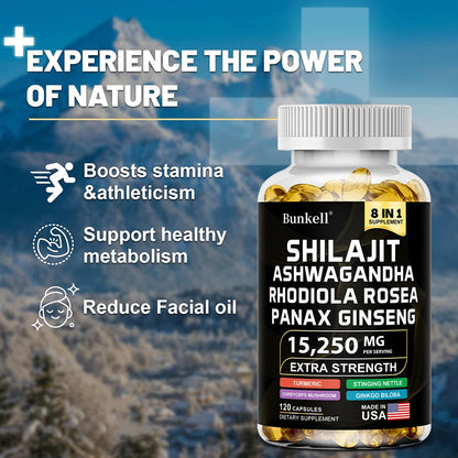 15250mg Shilajit Capsules with Ginseng Ashwagandha Turmeric, Energy Supplement Muscle Mass Endurance