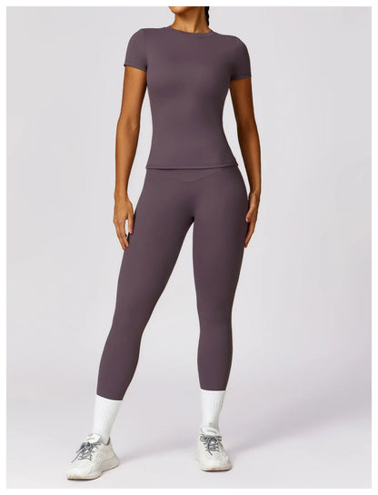 2024 Women Yoga Tops Quick Dry Sport Top Fitness Women Top Purple Solid Short Sleeve Outdoors Fitness Running Tops Gym T Shirt
