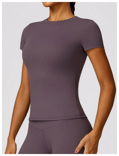 2024 Women Yoga Tops Quick Dry Sport Top Fitness Women Top Purple Solid Short Sleeve Outdoors Fitness Running Tops Gym T Shirt