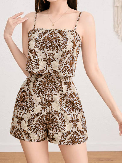 Retro Ethnic-style Printed Faux Two-piece Strap Jumpsuit