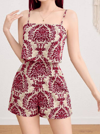 Retro Ethnic-style Printed Faux Two-piece Strap Jumpsuit